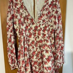 Free People Floral Long Sleeve Dress - Red and Cream